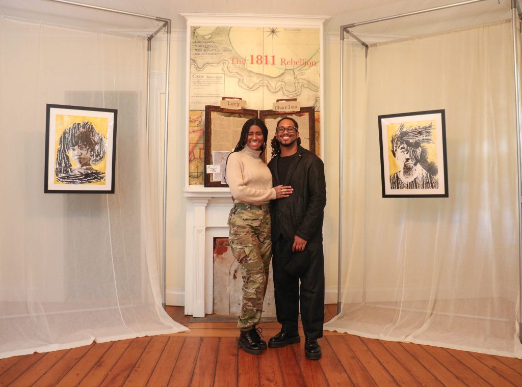 John Alleyne (right) pictured with works, Lucy, 2019