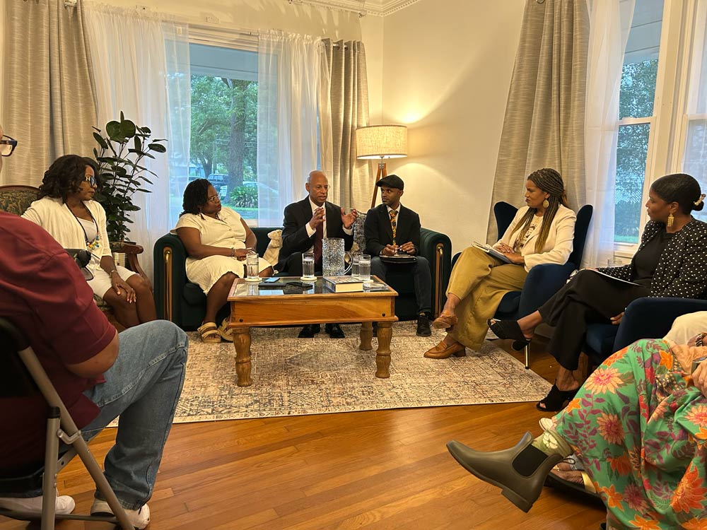 Pictured from left to right are featured panelists, Dr. Edda L. Fields-Black, author of COMBEE: Harriet Tubman, the Combahee River Raid, and Black Freedom during the Civil War; Amber N. Mitchell, Curator of Black History at the Henry Ford Museum; Dr. Alex Brickler and Dr. AJ Brickler of the Brickler Family, descendants of Harriet Tubman; Dr. Joy Banner, co-founder and co-director of the Descendants Project; and Sultana Harris, Interim Executive Director of Woodland Plantation Museum. Moderated by Dr. Banner and Harris, this conversation considers the legacy of Harriet Tubman’s military career and examines the complex ways provenance, care, storytelling, and identity intersect across disciplines, particularly within sites and histories shaped by trauma.